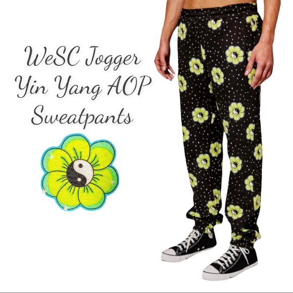 NWT WESC Unisex Yin Yang Floral Jogger Pants Black/Yellow Men’s L / Women’s XL - Picture 1 of 16